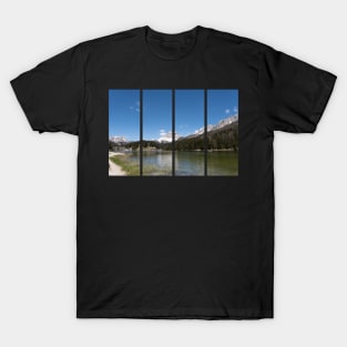 The fabulous alpine lake of Misurina in the Dolomites. Boat on the water. Lovely and relaxing place in the Italian Alps. Reflections in the rippled water. Sunny spring day. T-Shirt